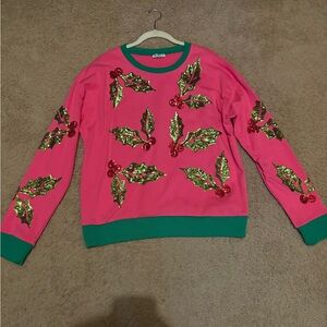 Festive Pink Holiday Sweater with Green Trim
